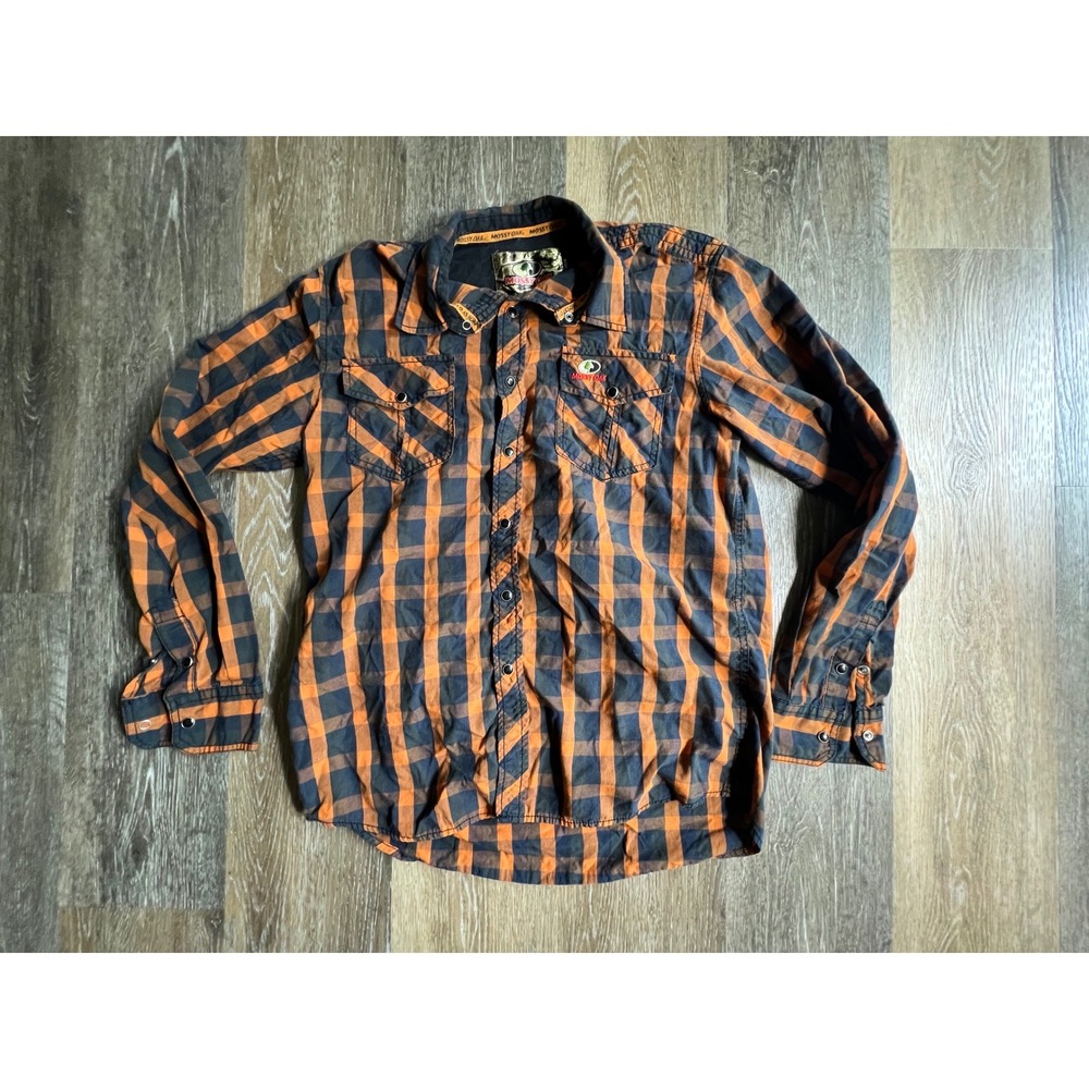Mossy‎ Oak Flannel Shirt Mens Medium Orange Blue Plaid Long Sleeve Snap Pocket